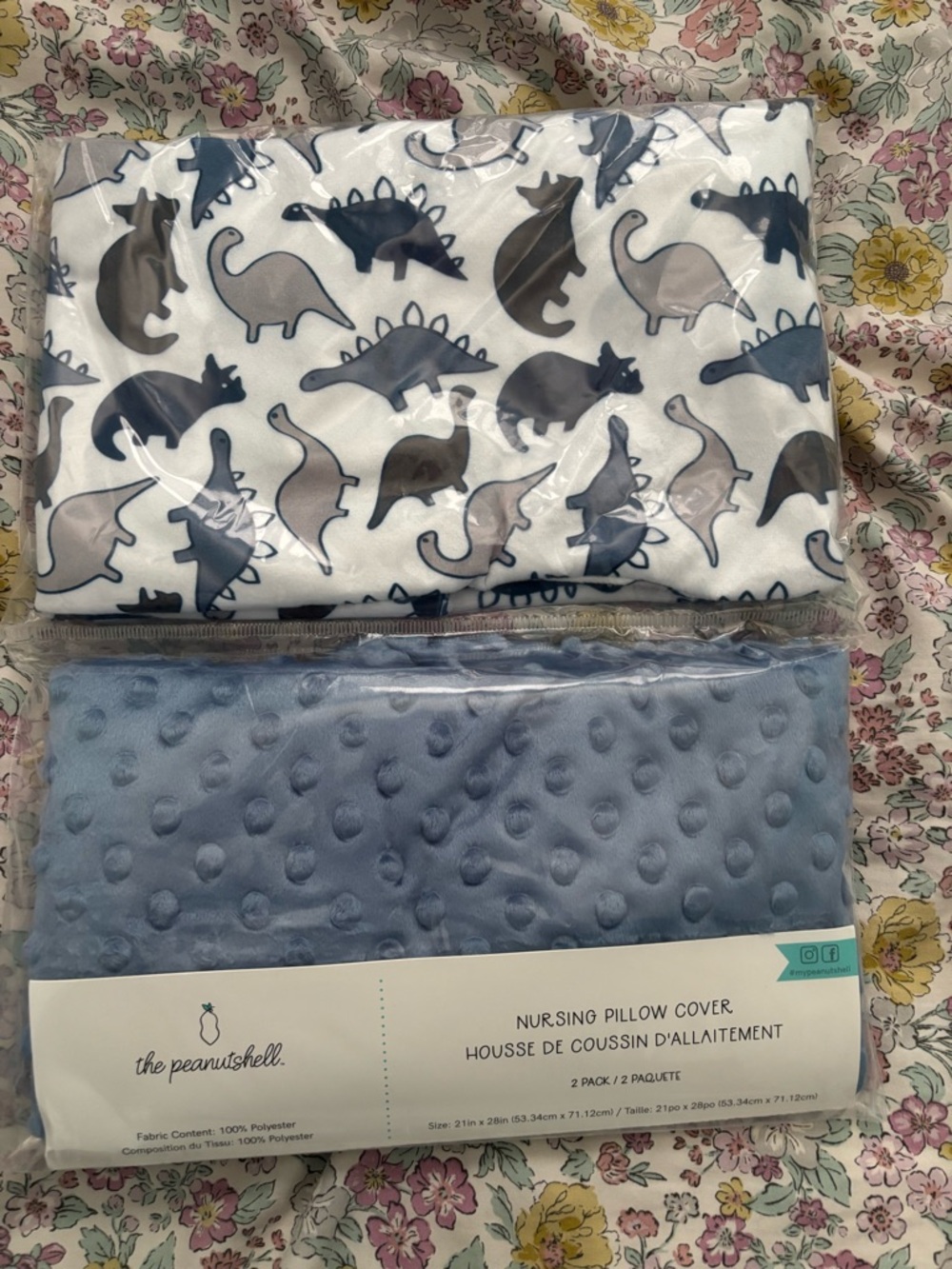 The Peanutshell Nursing Pillow Covers - Blue Dino & Solid Blue
